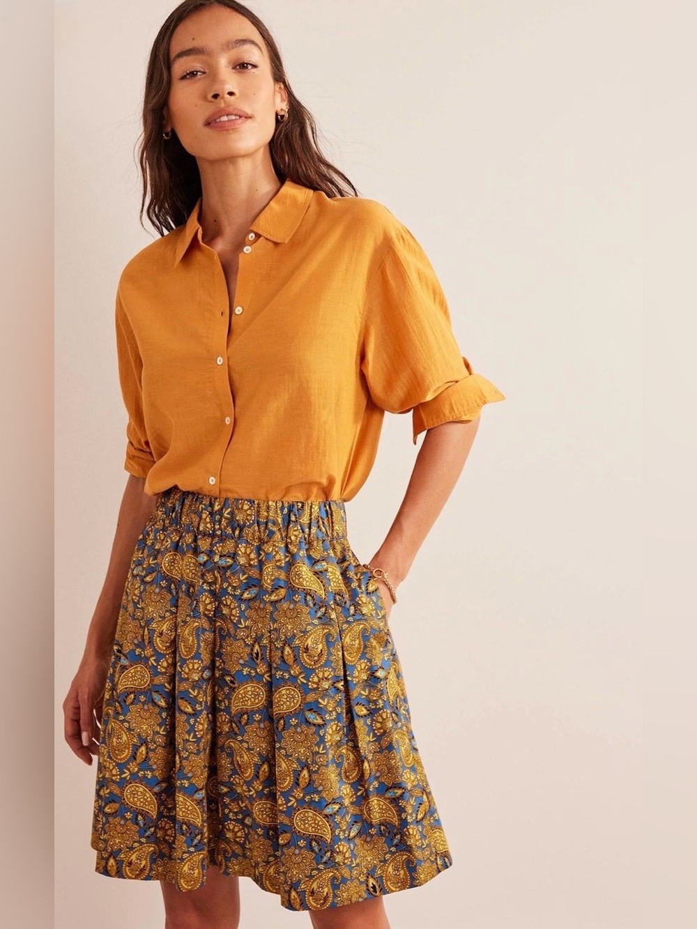 Boden Harvest Gold Paisley Pleated Cotton Skirt